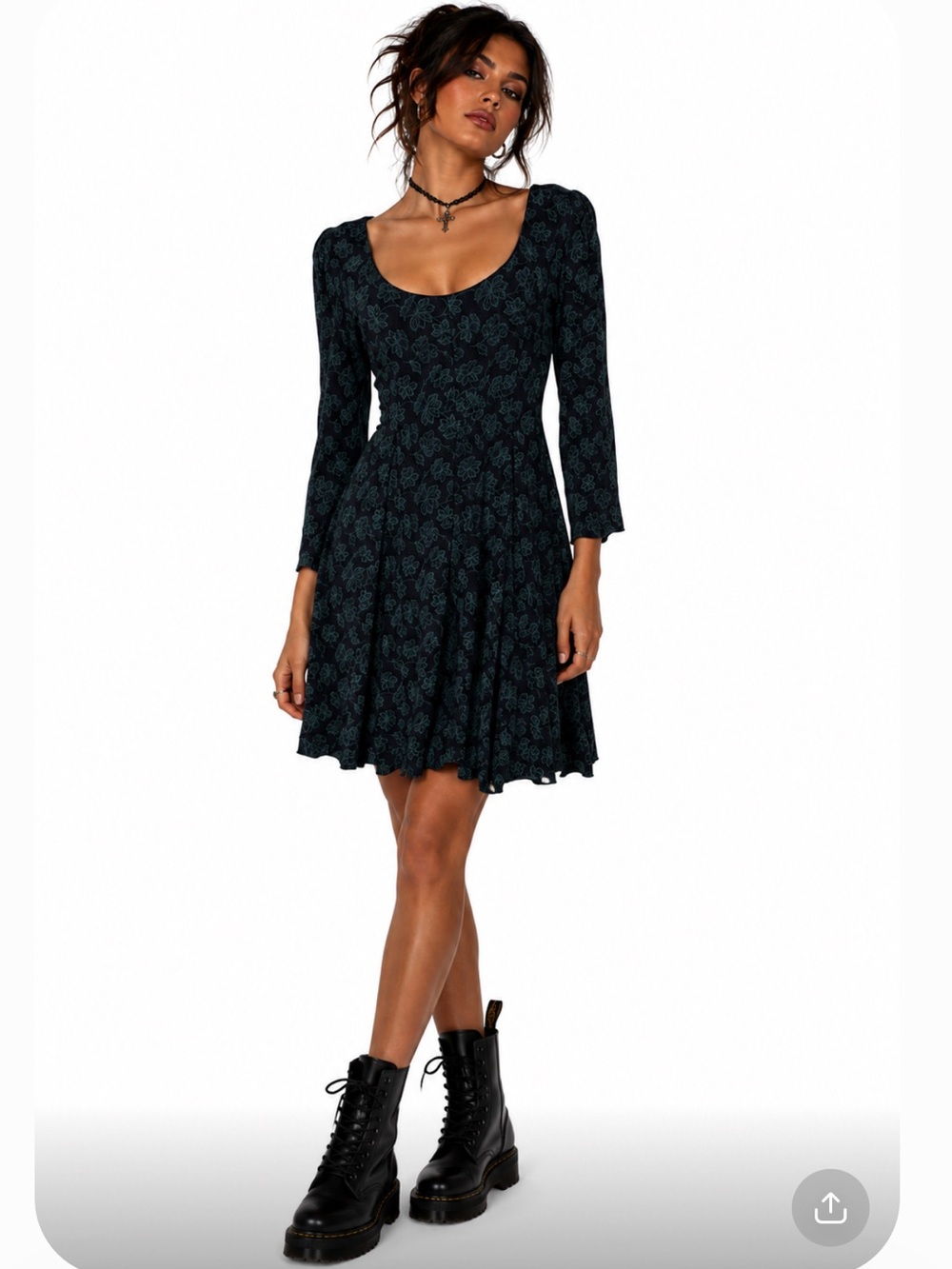 VINTAGE 90's Y2K Dark Romantic Babydoll Green Floral Scoop Neck LongSleeve Dress